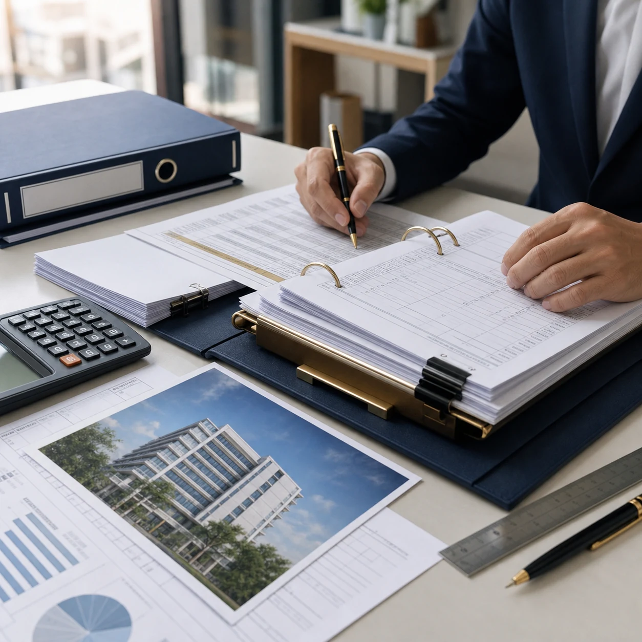 Quantity surveyor reconciling construction final account documents with contract binder calculator and completed project photograph